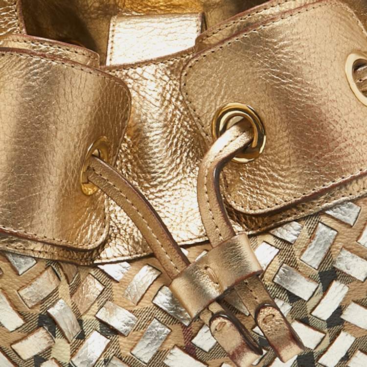 Pre Owned Burberry Gold/Beige House Check PVC and Leather Mini Warrior Hobo