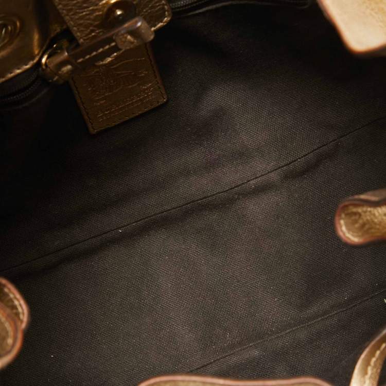 Pre Owned Burberry Gold/Beige House Check PVC and Leather Mini Warrior Hobo