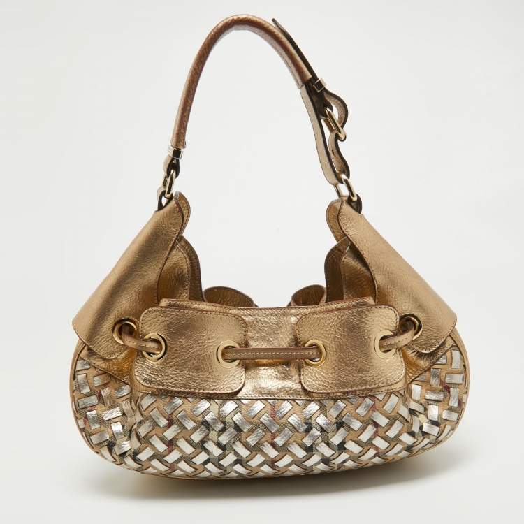 Pre Owned Burberry Gold/Beige House Check PVC and Leather Mini Warrior Hobo