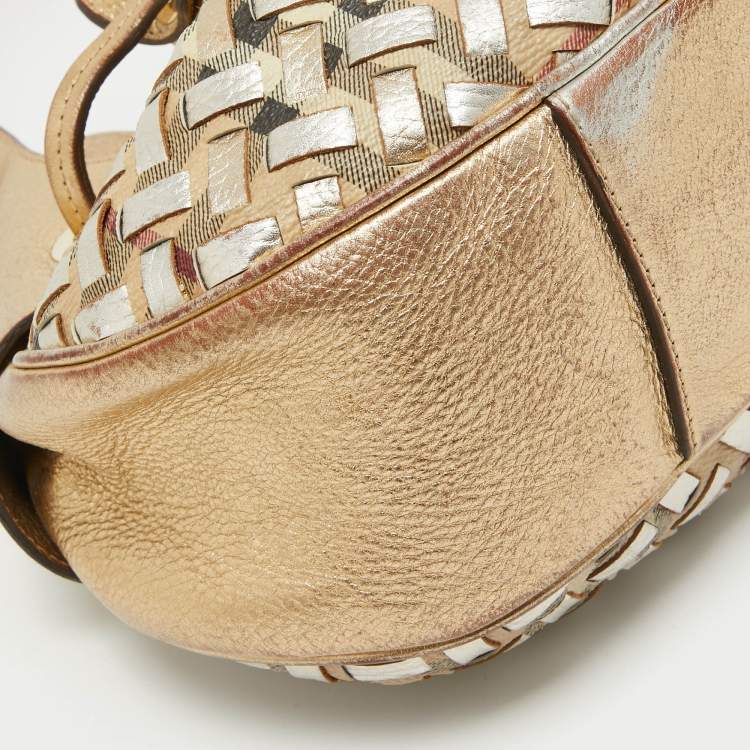 Pre Owned Burberry Gold/Beige House Check PVC and Leather Mini Warrior Hobo