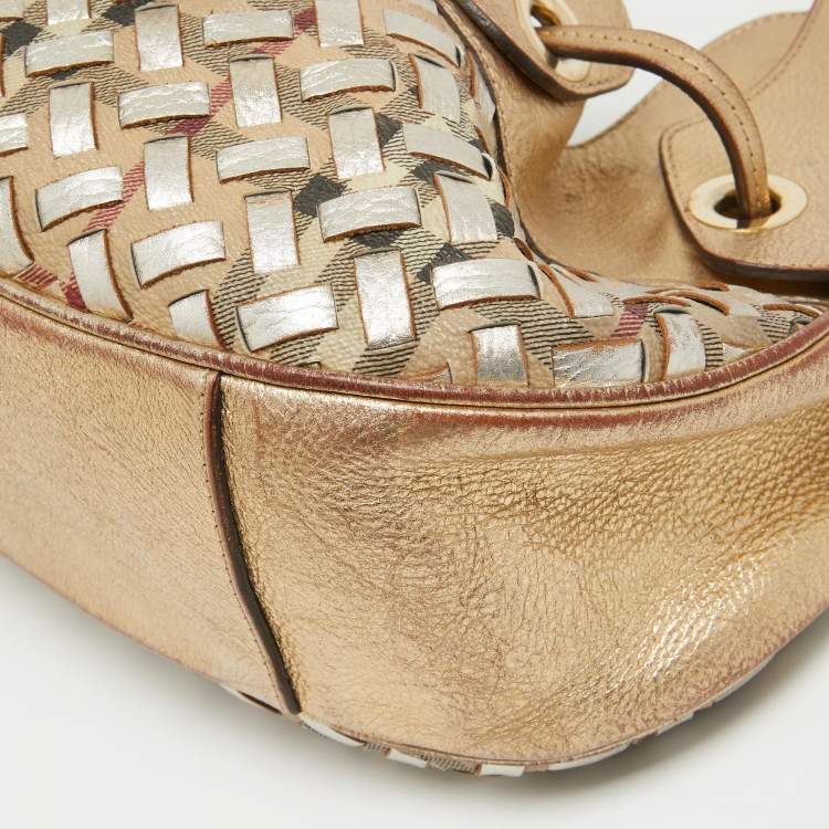Pre Owned Burberry Gold/Beige House Check PVC and Leather Mini Warrior Hobo