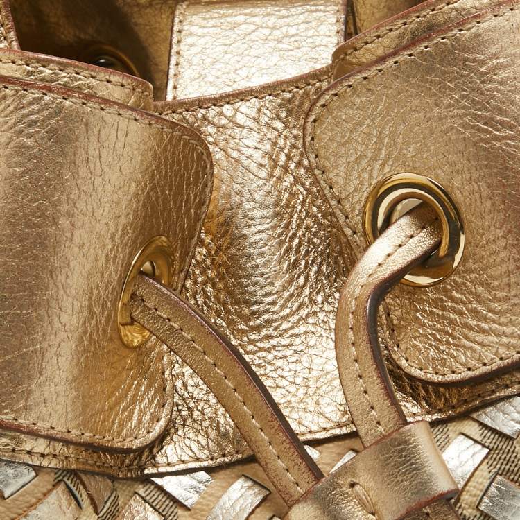 Pre Owned Burberry Gold/Beige House Check PVC and Leather Mini Warrior Hobo