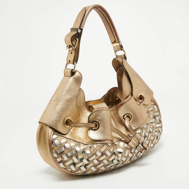 Pre Owned Burberry Gold/Beige House Check PVC and Leather Mini Warrior Hobo