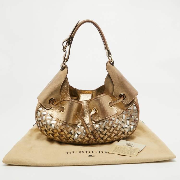 Pre Owned Burberry Gold/Beige House Check PVC and Leather Mini Warrior Hobo