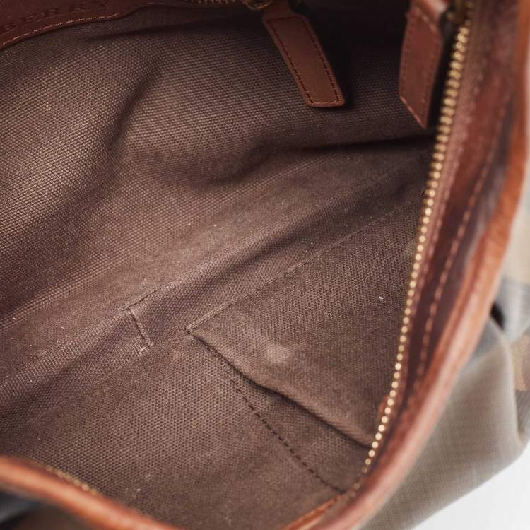 Pre Owned Burberry Dark Tan Smoked Beat Check Coated Canvas Small Brooklyn Hobo