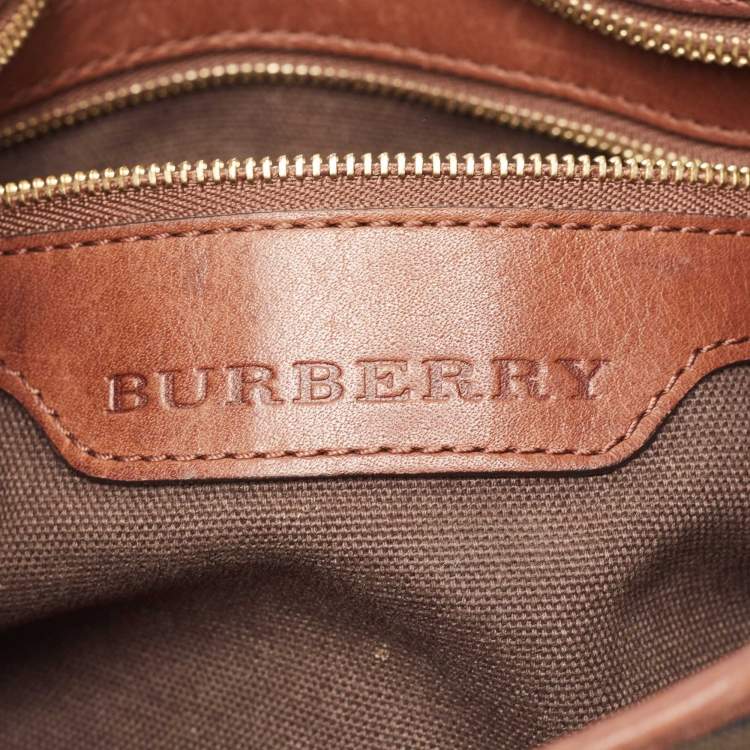 Pre Owned Burberry Dark Tan Smoked Beat Check Coated Canvas Small Brooklyn Hobo