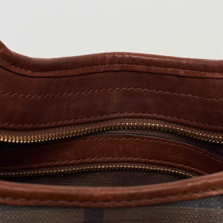Pre Owned Burberry Dark Tan Smoked Beat Check Coated Canvas Small Brooklyn Hobo