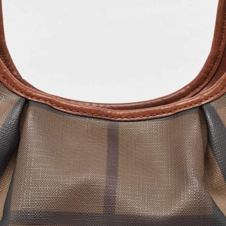 Pre Owned Burberry Dark Tan Smoked Beat Check Coated Canvas Small Brooklyn Hobo