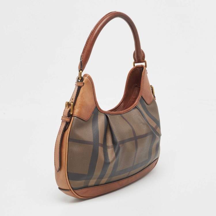 Pre Owned Burberry Dark Tan Smoked Beat Check Coated Canvas Small Brooklyn Hobo