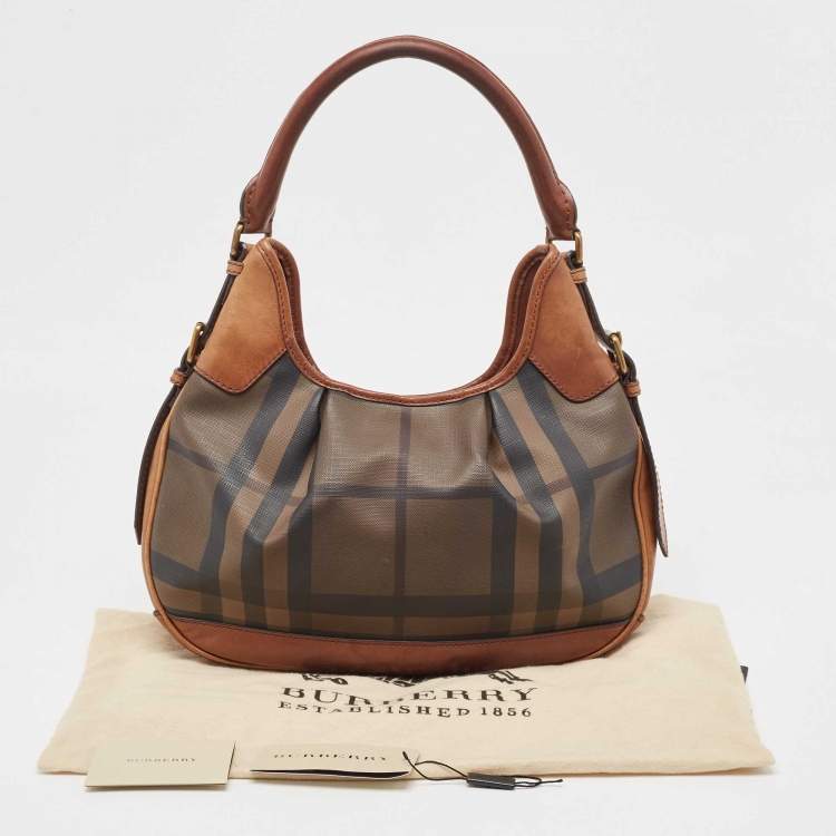Pre Owned Burberry Dark Tan Smoked Beat Check Coated Canvas Small Brooklyn Hobo