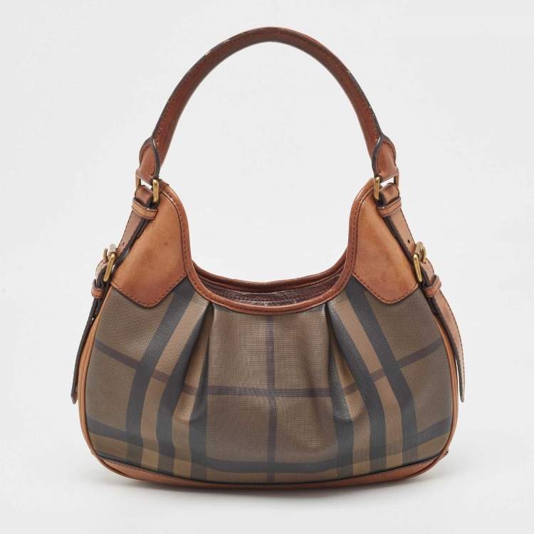 Pre Owned Burberry Dark Tan Smoked Beat Check Coated Canvas Small Brooklyn Hobo