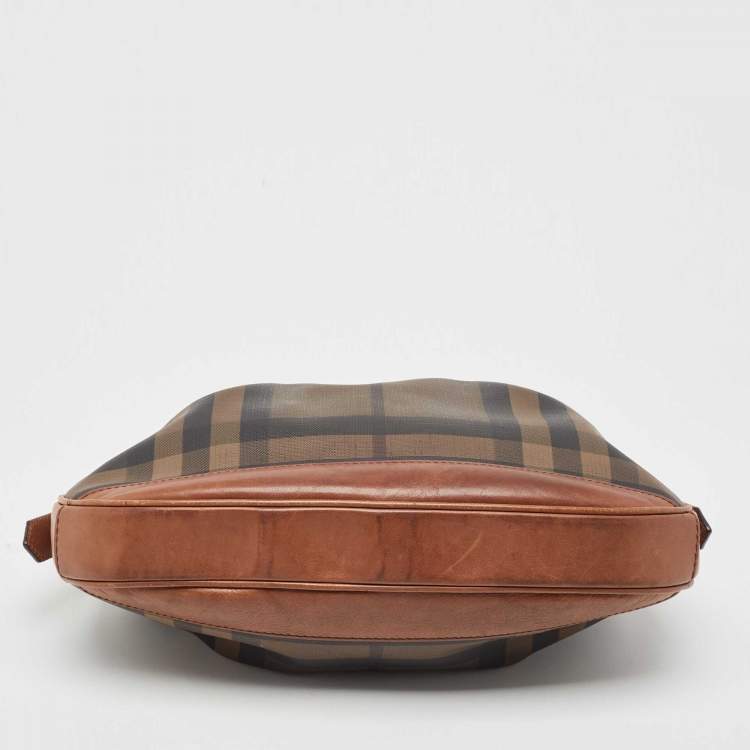 Pre Owned Burberry Dark Tan Smoked Beat Check Coated Canvas Small Brooklyn Hobo