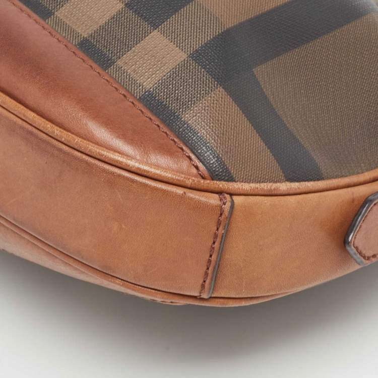 Pre Owned Burberry Dark Tan Smoked Beat Check Coated Canvas Small Brooklyn Hobo