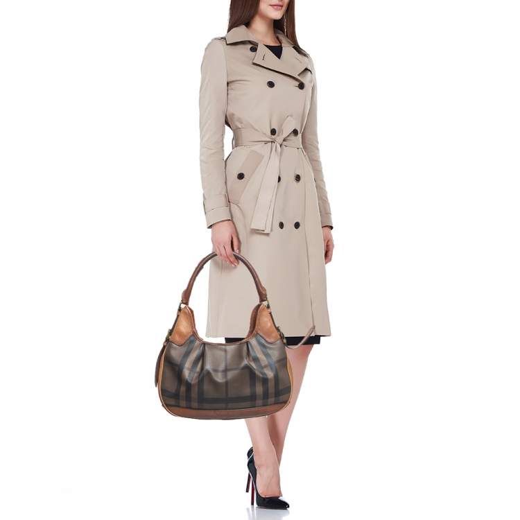 Pre Owned Burberry Dark Tan Smoked Beat Check Coated Canvas Small Brooklyn Hobo