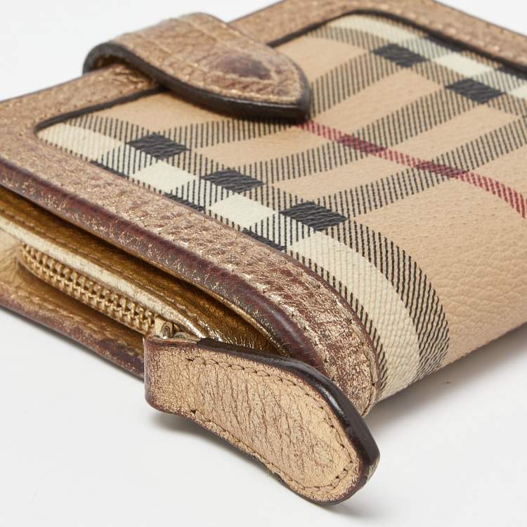 Pre Owned Burberry Beige/Gold Nova Check PVC and Leather Compact Wallet