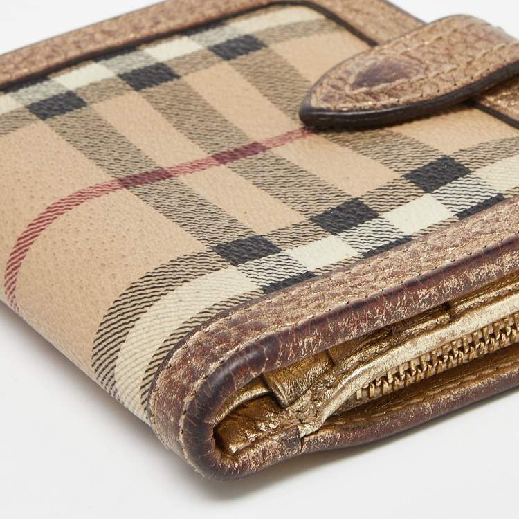 Pre Owned Burberry Beige/Gold Nova Check PVC and Leather Compact Wallet