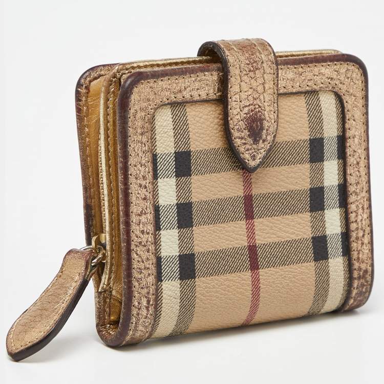 Pre Owned Burberry Beige/Gold Nova Check PVC and Leather Compact Wallet