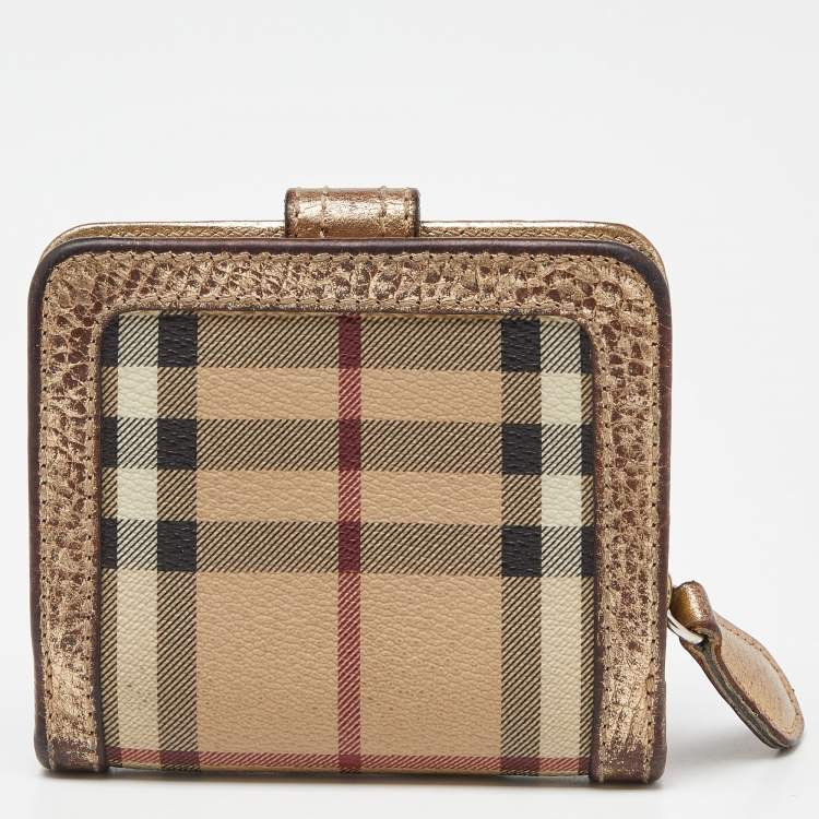 Pre Owned Burberry Beige/Gold Nova Check PVC and Leather Compact Wallet