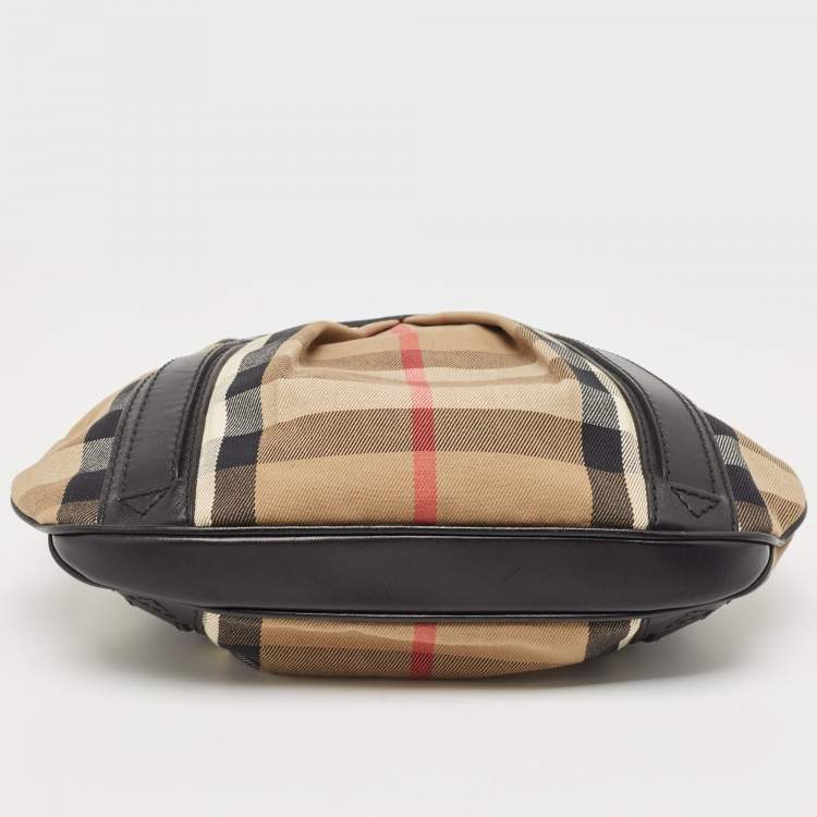Pre Owned Burberry Black/Beige House Check Canvas and Leather Phoebe Hobo