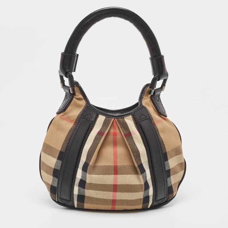 Pre Owned Burberry Black/Beige House Check Canvas and Leather Phoebe Hobo