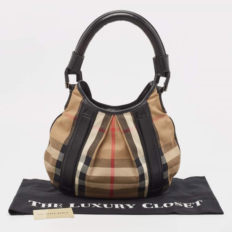 Pre Owned Burberry Black/Beige House Check Canvas and Leather Phoebe Hobo