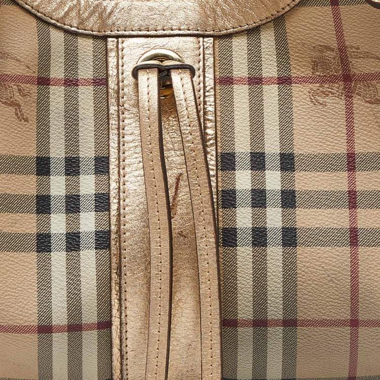 Pre Owned Burberry Beige/Gold Haymarket Check PVC and Leather Hobo