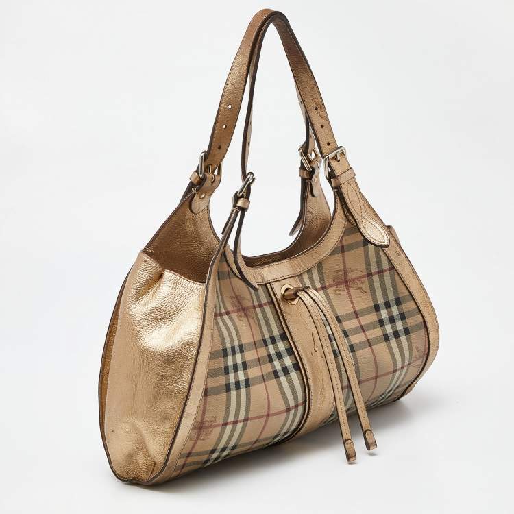 Pre Owned Burberry Beige/Gold Haymarket Check PVC and Leather Hobo