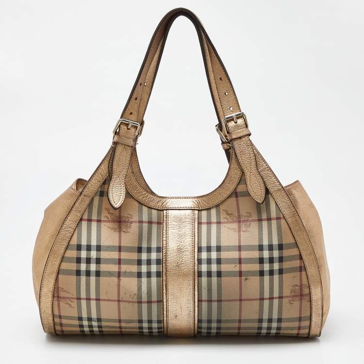 Pre Owned Burberry Beige/Gold Haymarket Check PVC and Leather Hobo
