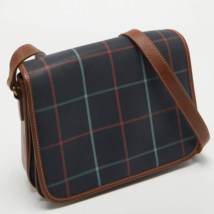 Pre Owned Burberry Navy Blue/Multicolor Coated Canvas Checkered Flap Bag