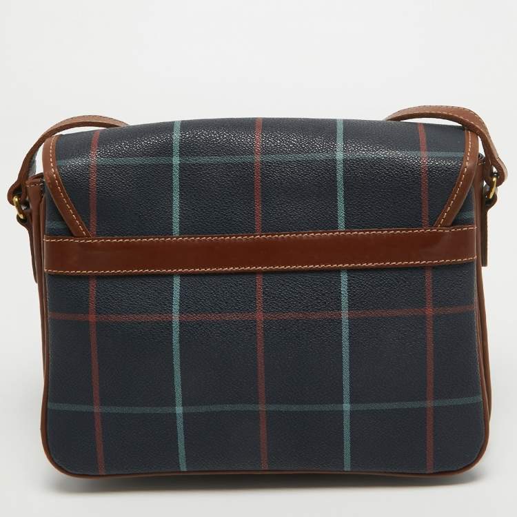 Pre Owned Burberry Navy Blue/Multicolor Coated Canvas Checkered Flap Bag