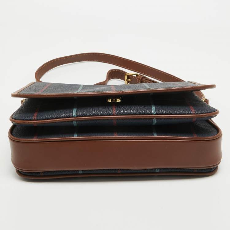 Pre Owned Burberry Navy Blue/Multicolor Coated Canvas Checkered Flap Bag