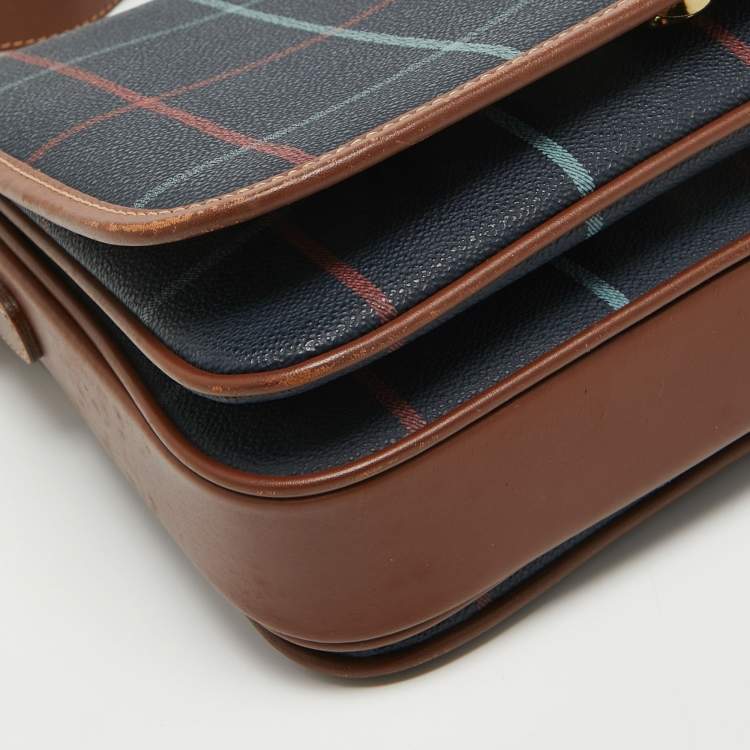 Pre Owned Burberry Navy Blue/Multicolor Coated Canvas Checkered Flap Bag