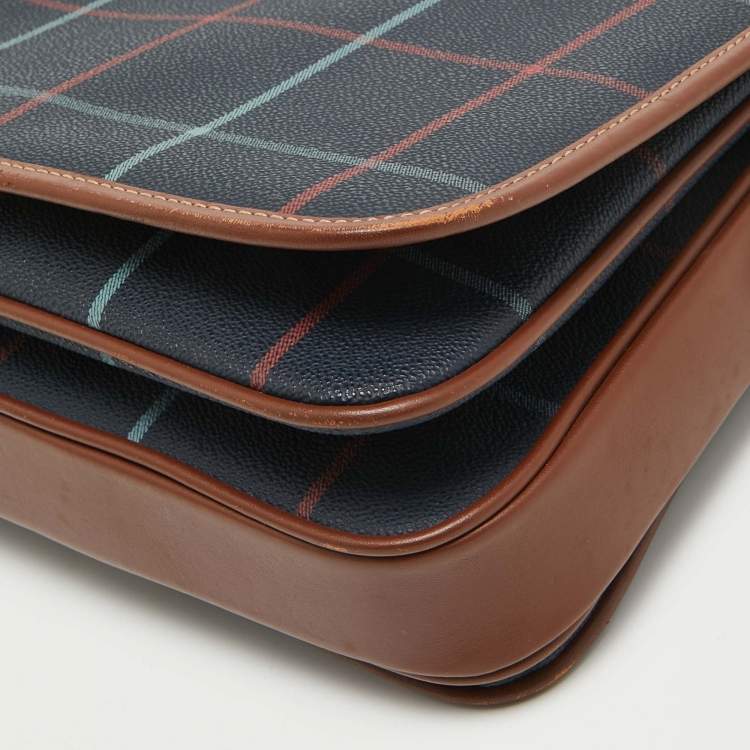 Pre Owned Burberry Navy Blue/Multicolor Coated Canvas Checkered Flap Bag