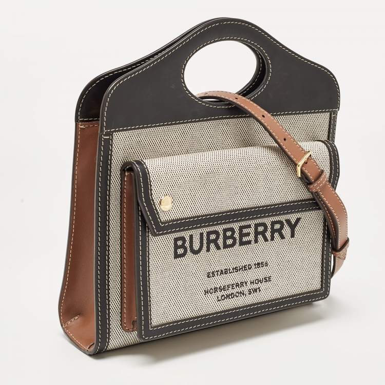 Pre Owned Burberry Black/Brown Leather and Canvas Mini Pocket Tote