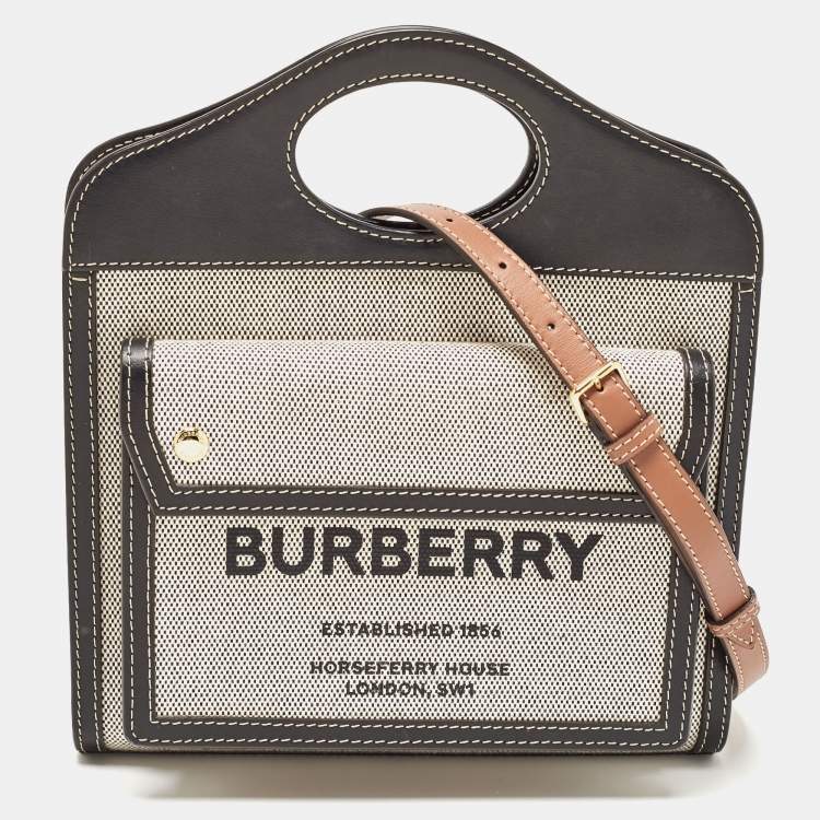Pre Owned Burberry Black/Brown Leather and Canvas Mini Pocket Tote