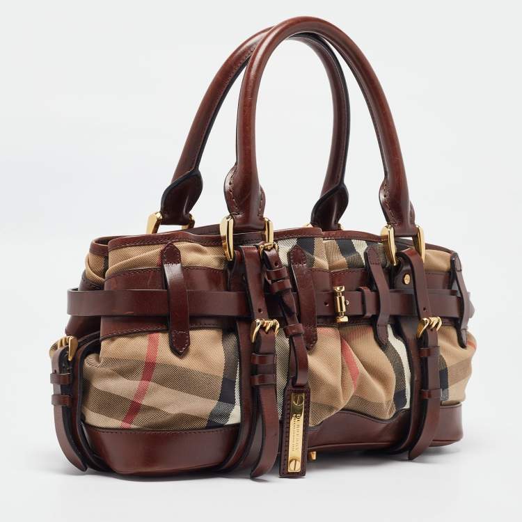 Pre Owned Burberry Brown/Beige House Check Canvas and Leather Rowan Satchel