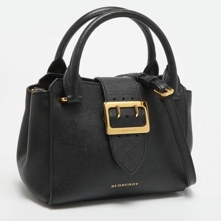 Pre Owned Burberry Black Leather Buckle Flap Tote