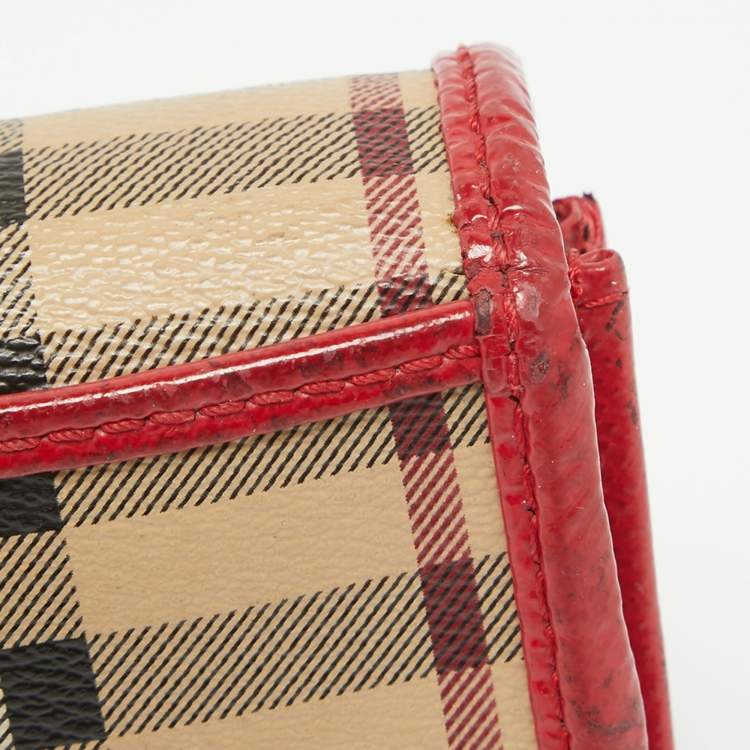 Pre Owned Burberry Red/Beige House Check Coated Canvas and Patent Leather Flap Continental Wallet