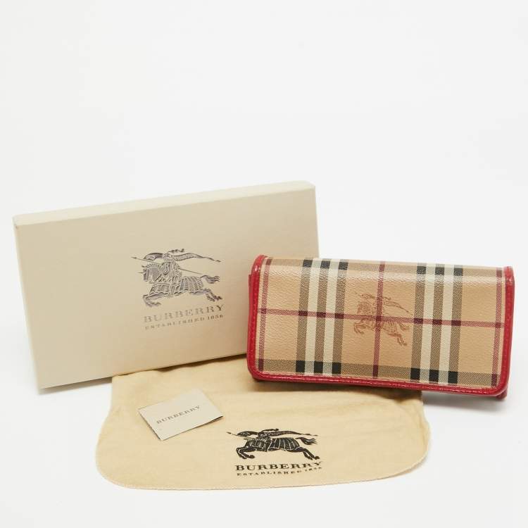 Pre Owned Burberry Red/Beige House Check Coated Canvas and Patent Leather Flap Continental Wallet