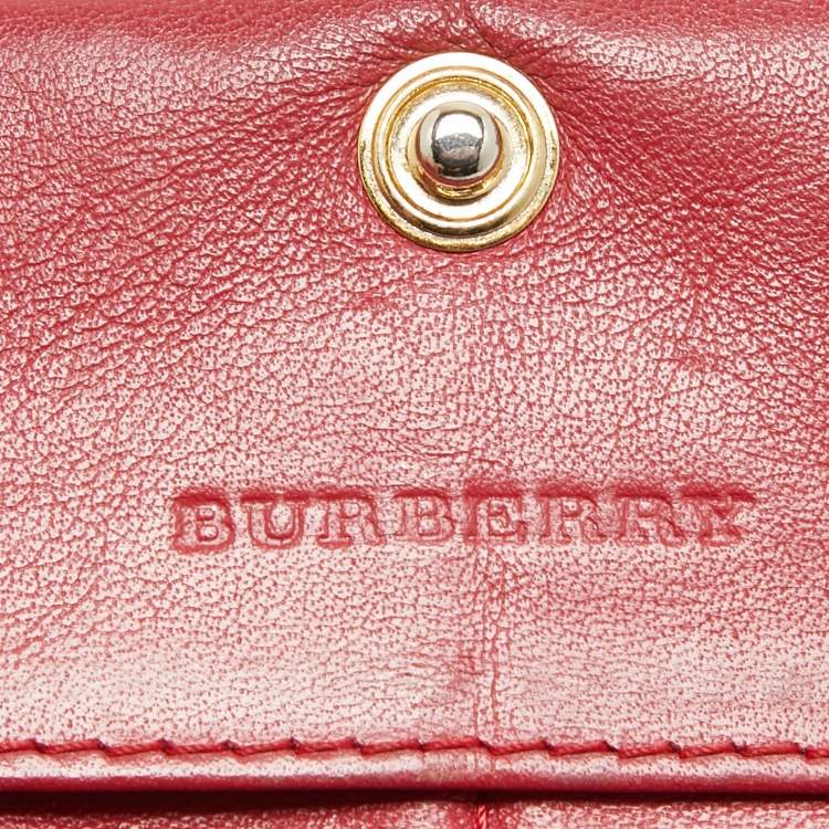 Pre Owned Burberry Red/Beige House Check Coated Canvas and Patent Leather Flap Continental Wallet