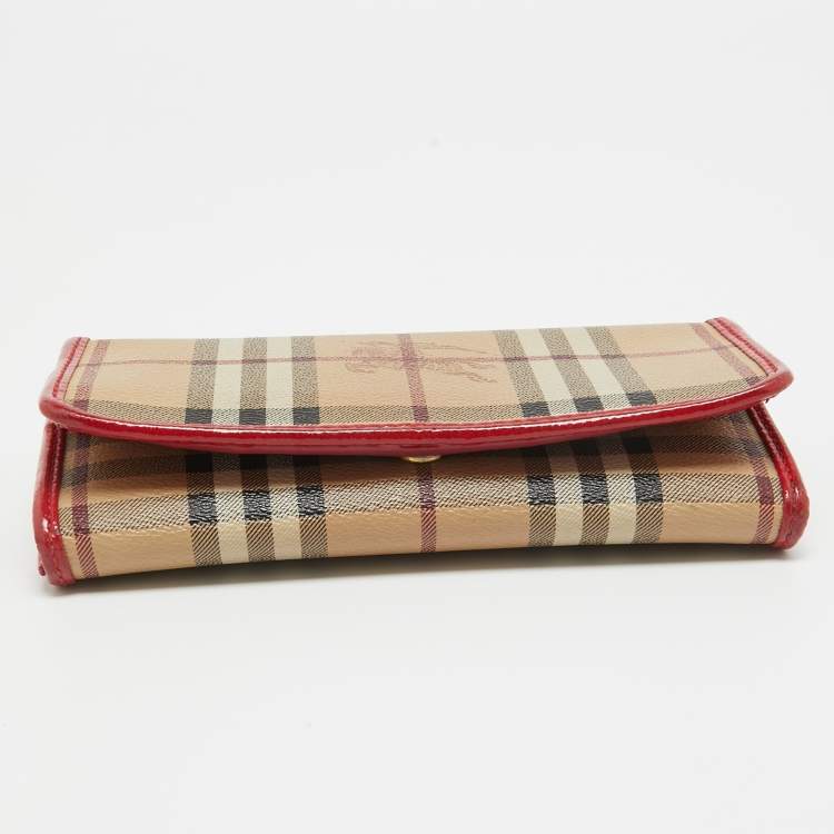 Pre Owned Burberry Red/Beige House Check Coated Canvas and Patent Leather Flap Continental Wallet