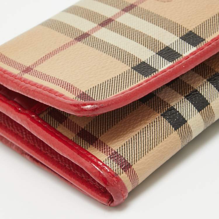 Pre Owned Burberry Red/Beige House Check Coated Canvas and Patent Leather Flap Continental Wallet