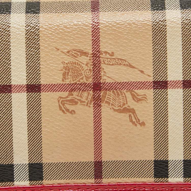 Pre Owned Burberry Red/Beige House Check Coated Canvas and Patent Leather Flap Continental Wallet
