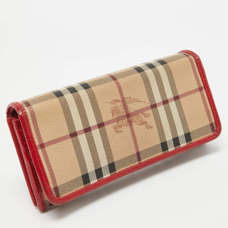 Pre Owned Burberry Red/Beige House Check Coated Canvas and Patent Leather Flap Continental Wallet