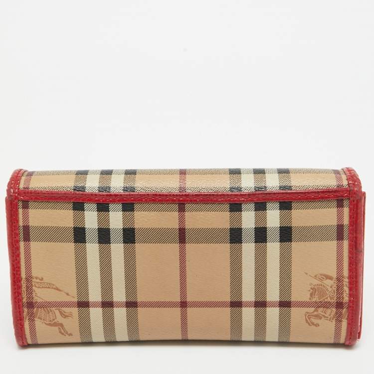 Pre Owned Burberry Red/Beige House Check Coated Canvas and Patent Leather Flap Continental Wallet