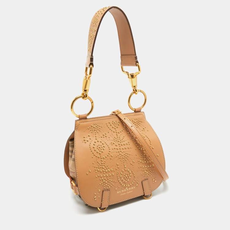 Pre Owned Burberry Tan/Beige Leather and Hypermarket Coated Canvas Studded Bridle Bag