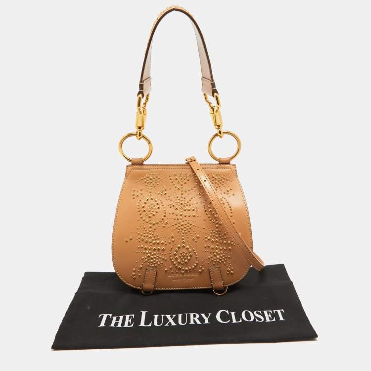 Pre Owned Burberry Tan/Beige Leather and Hypermarket Coated Canvas Studded Bridle Bag