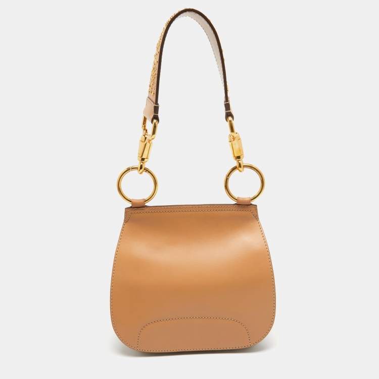 Pre Owned Burberry Tan/Beige Leather and Hypermarket Coated Canvas Studded Bridle Bag