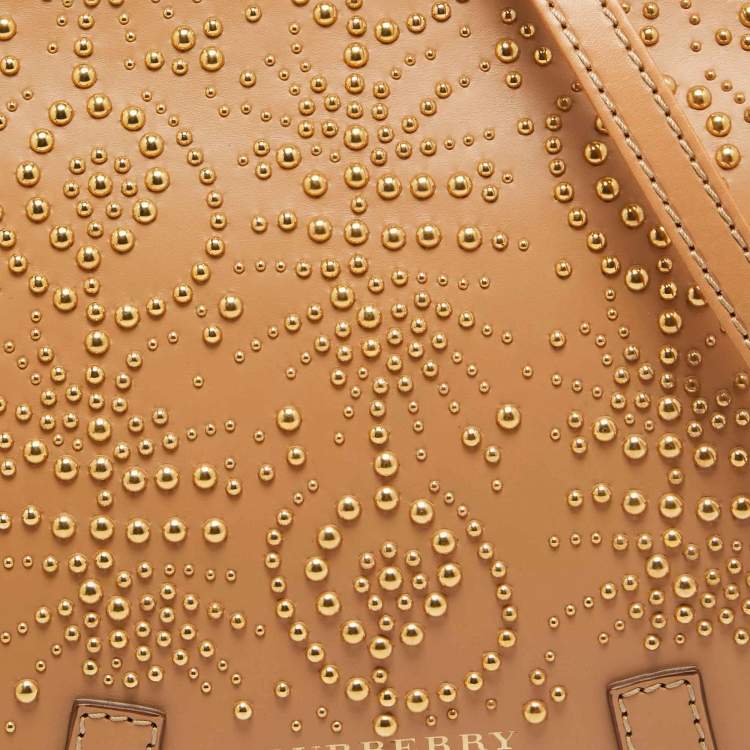 Pre Owned Burberry Tan/Beige Leather and Hypermarket Coated Canvas Studded Bridle Bag