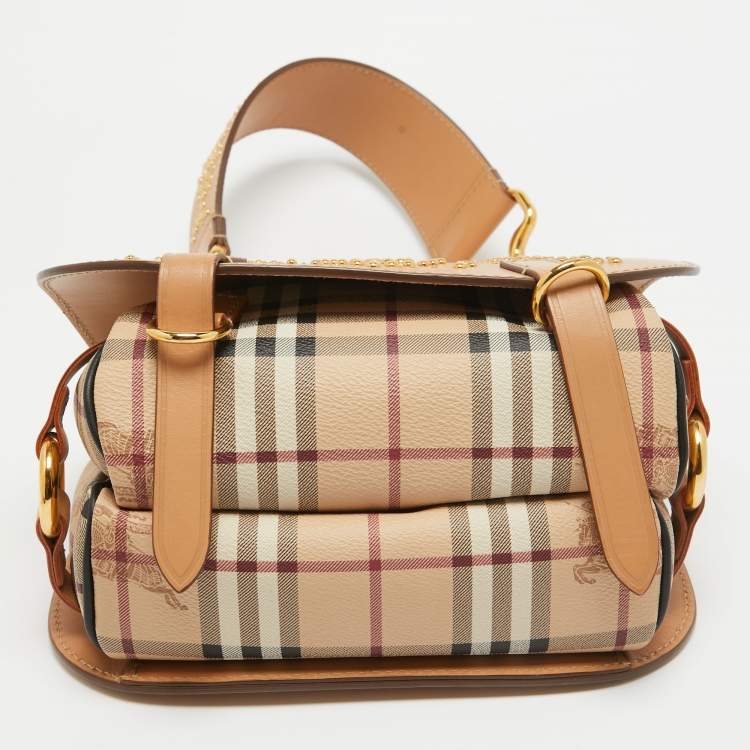 Pre Owned Burberry Tan/Beige Leather and Hypermarket Coated Canvas Studded Bridle Bag